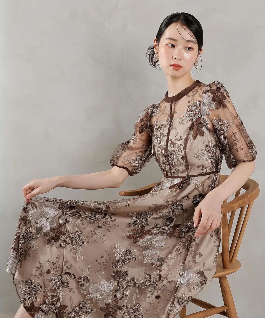 Kana 結婚式 ドレス パーティードレス 花柄刺繍ドレス ブラウン Lサイズ