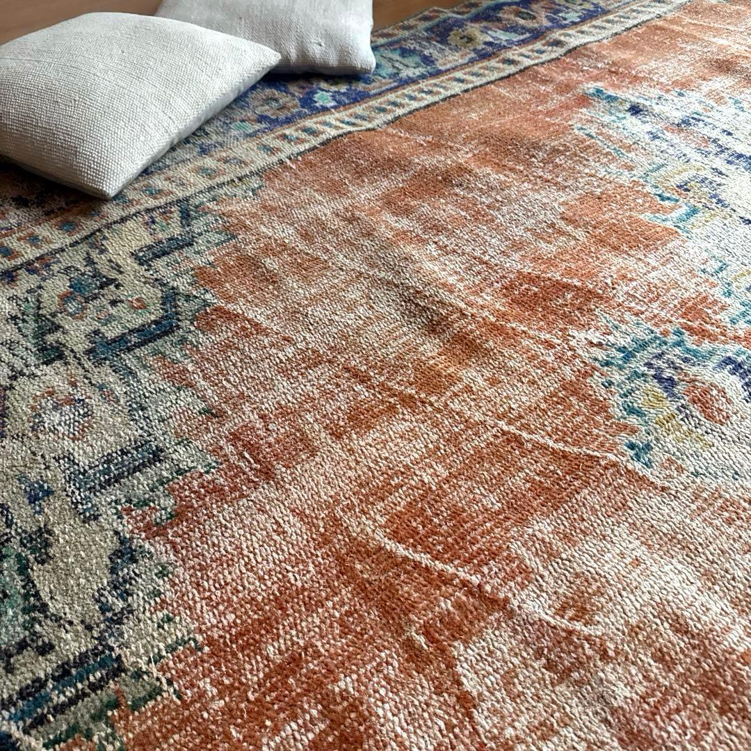 大判162×227 夕焼けオレンジ　貴重　メダリオン　トルコヴィンテージラグ