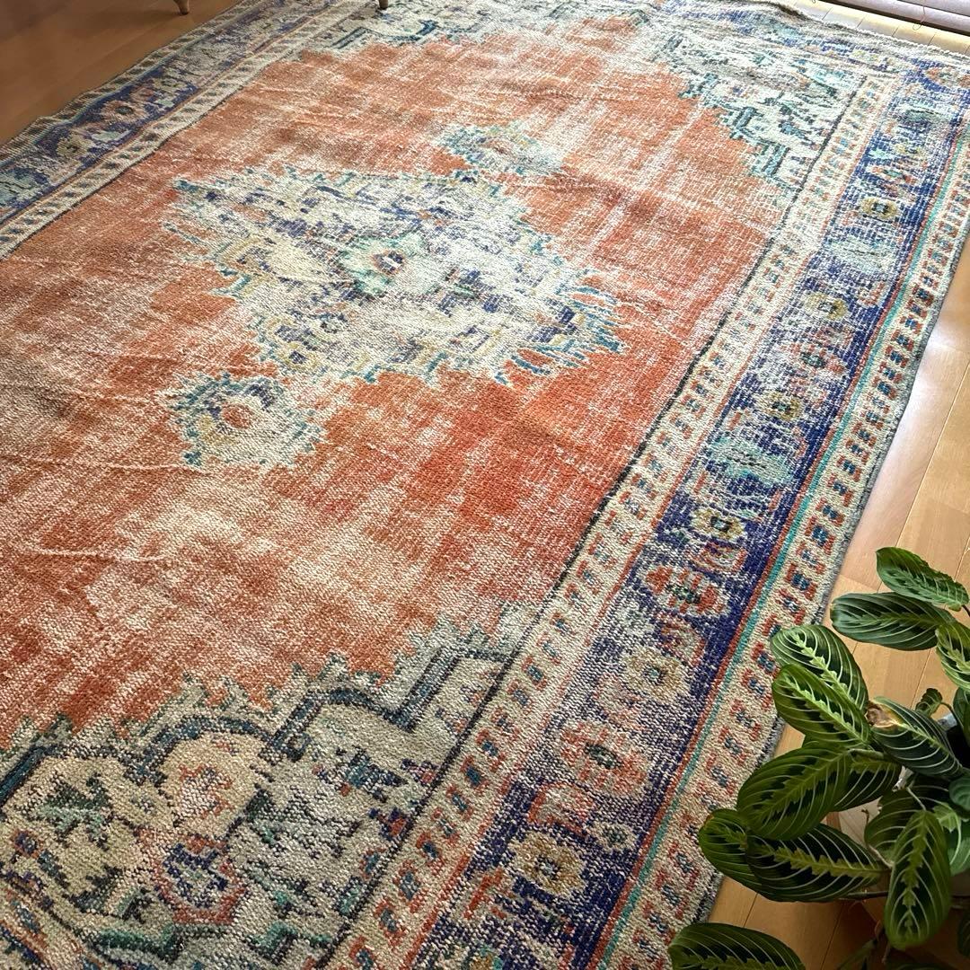 大判162×227 夕焼けオレンジ　貴重　メダリオン　トルコヴィンテージラグ