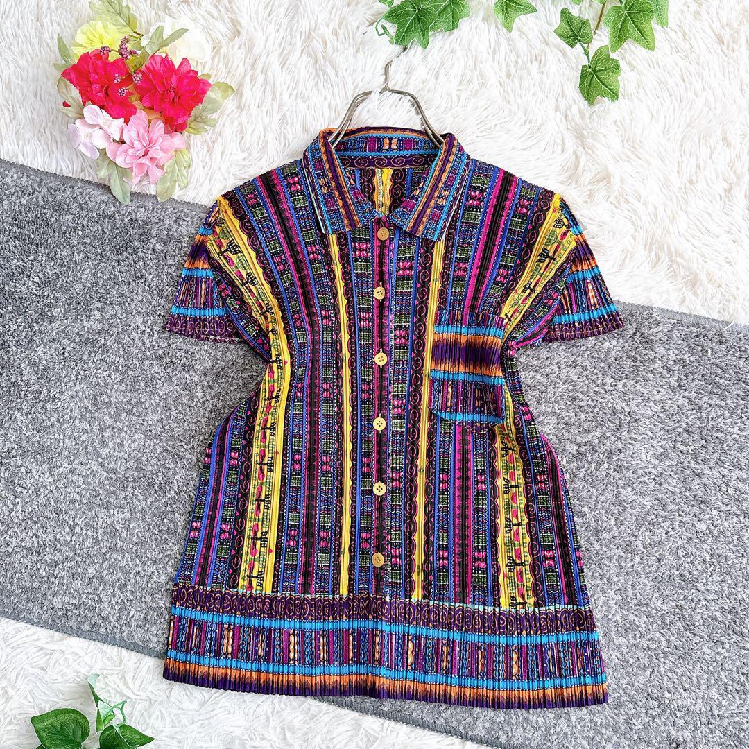 美品　日本製　プリーツプリーズ　半袖シャツ　ブラウス　マルチカラー　y2k 3