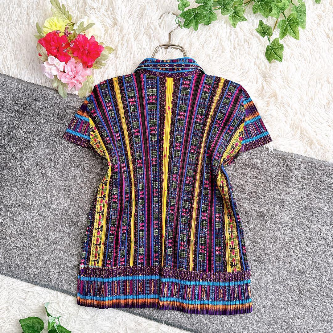 美品　日本製　プリーツプリーズ　半袖シャツ　ブラウス　マルチカラー　y2k 3