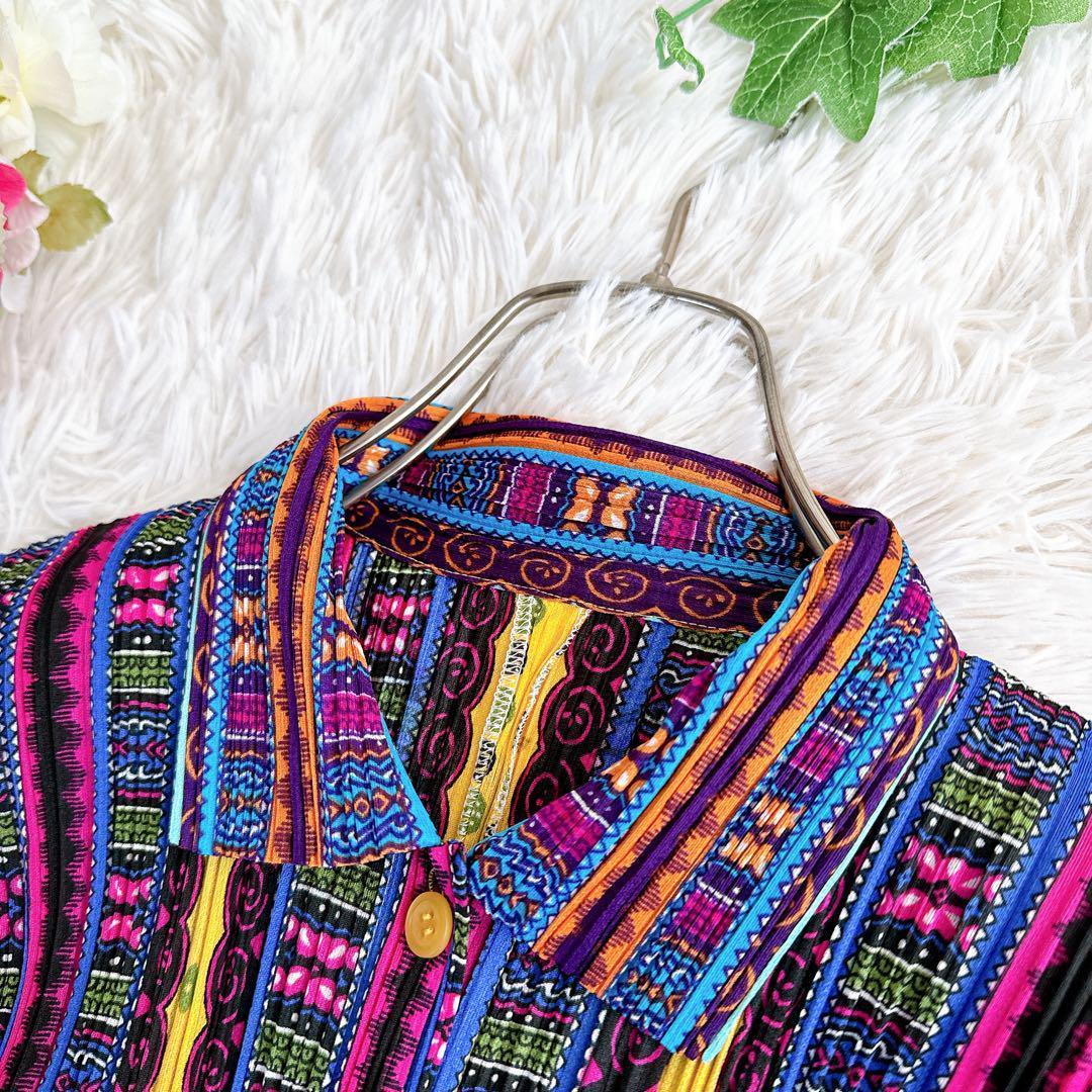 美品　日本製　プリーツプリーズ　半袖シャツ　ブラウス　マルチカラー　y2k 3