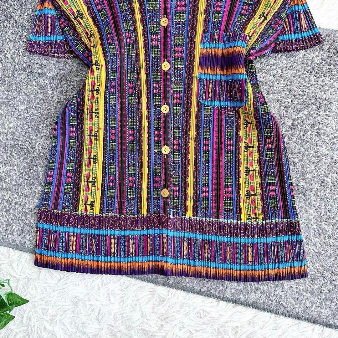 美品　日本製　プリーツプリーズ　半袖シャツ　ブラウス　マルチカラー　y2k 3