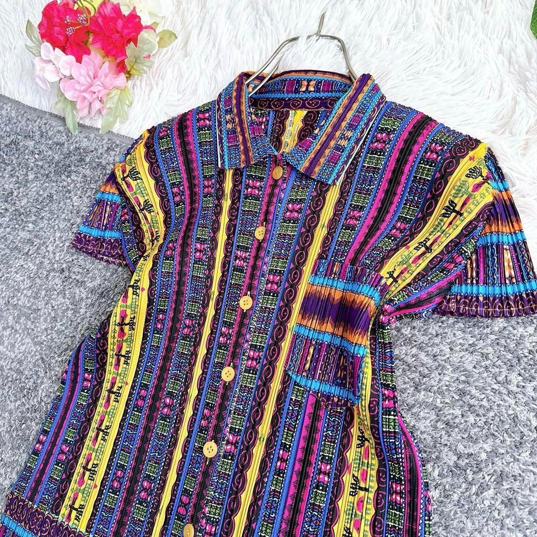 美品　日本製　プリーツプリーズ　半袖シャツ　ブラウス　マルチカラー　y2k 3