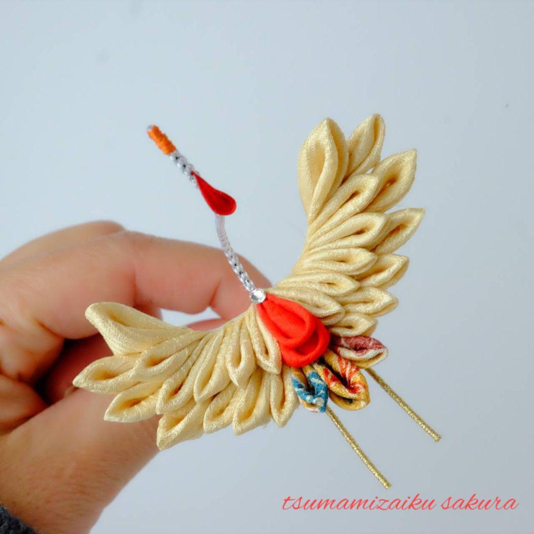 ちょい足しにも】正絹・淡金色の鶴の髪飾り7かんざし成人式卒業式和装ヘア和モダン