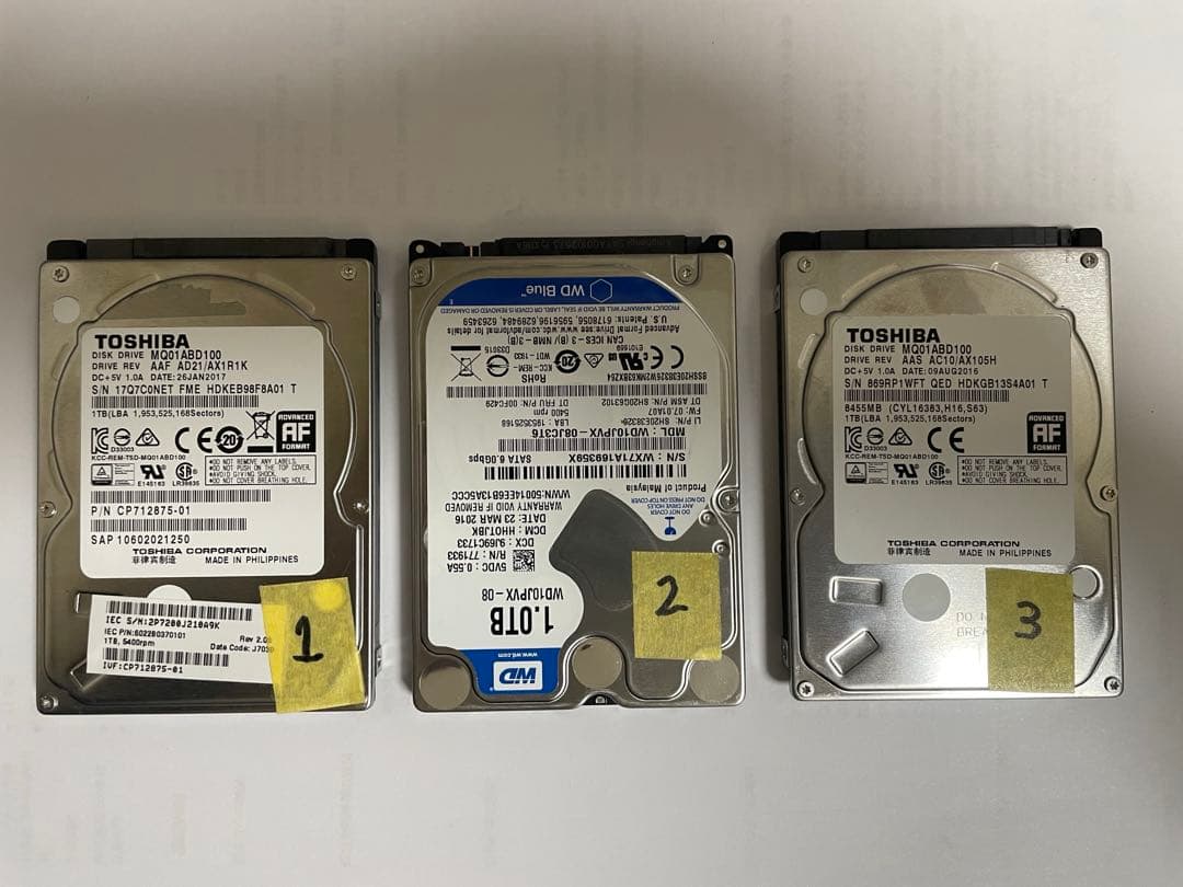 2.5インチ内蔵型HDD 1000GB×3個　正常動作品