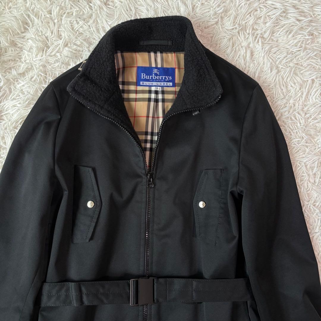 バーバリーブルーレーベル ロングコート ノバチェック ボア ダブルジップ ベルト