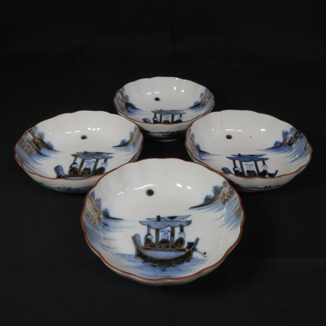 なます皿 4枚 染付 金彩 船 月 川 山水 風景絵図 古伊万里 窯傷