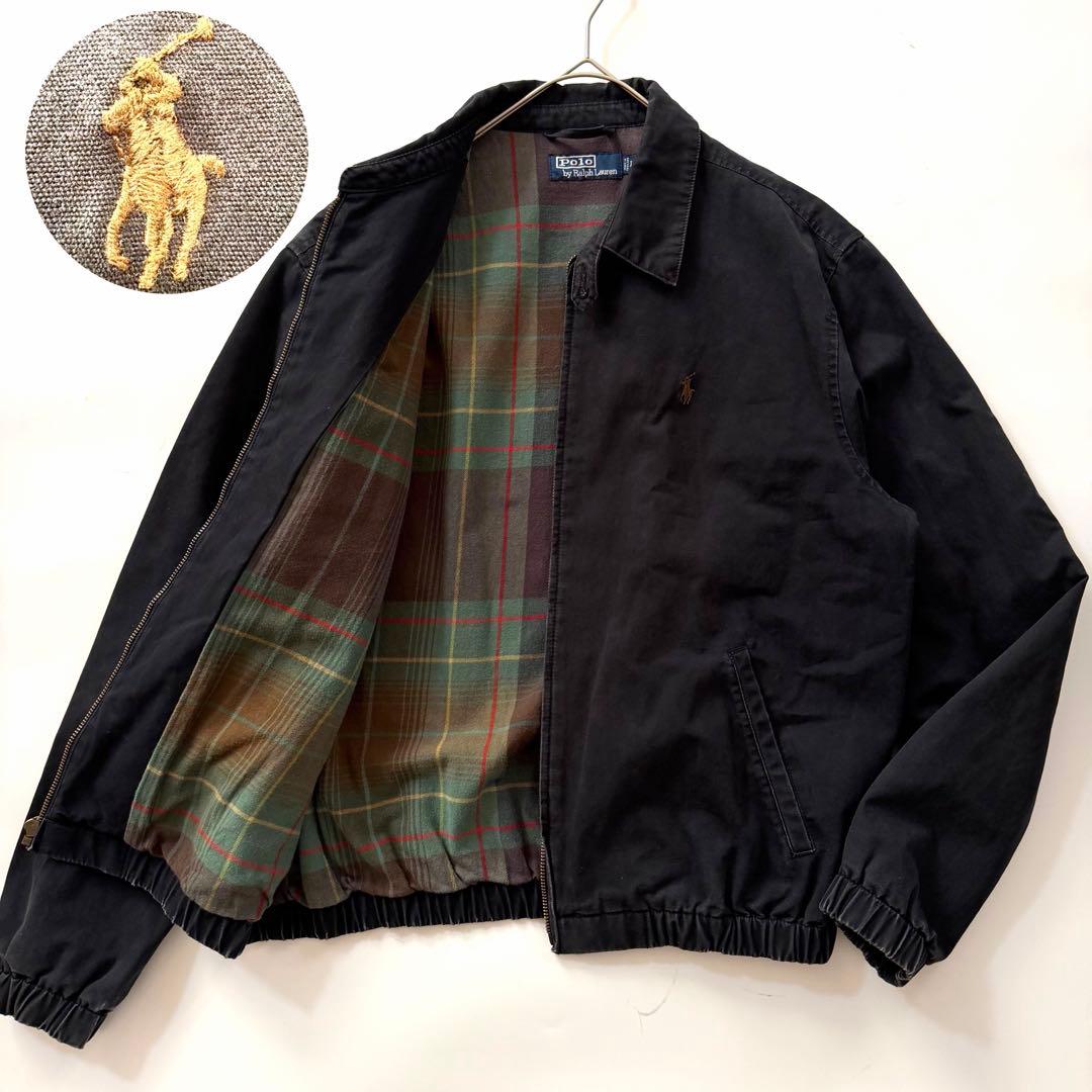 90s ポロラルフローレン スウィングトップ チンスト 裏地チェック L 黒