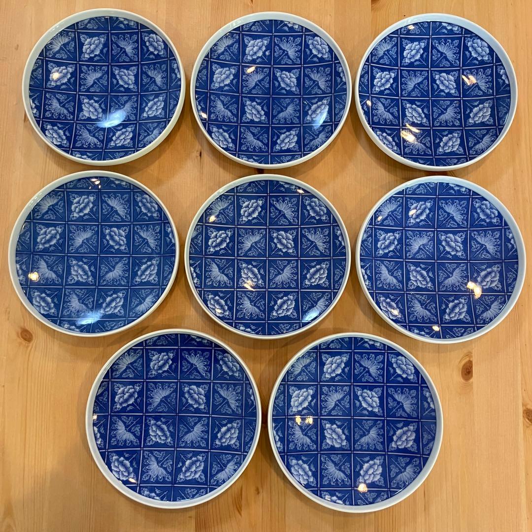 A2G30■オールド香蘭社 染付格子菊牡丹絵 丸皿8枚 取り皿 銘々皿