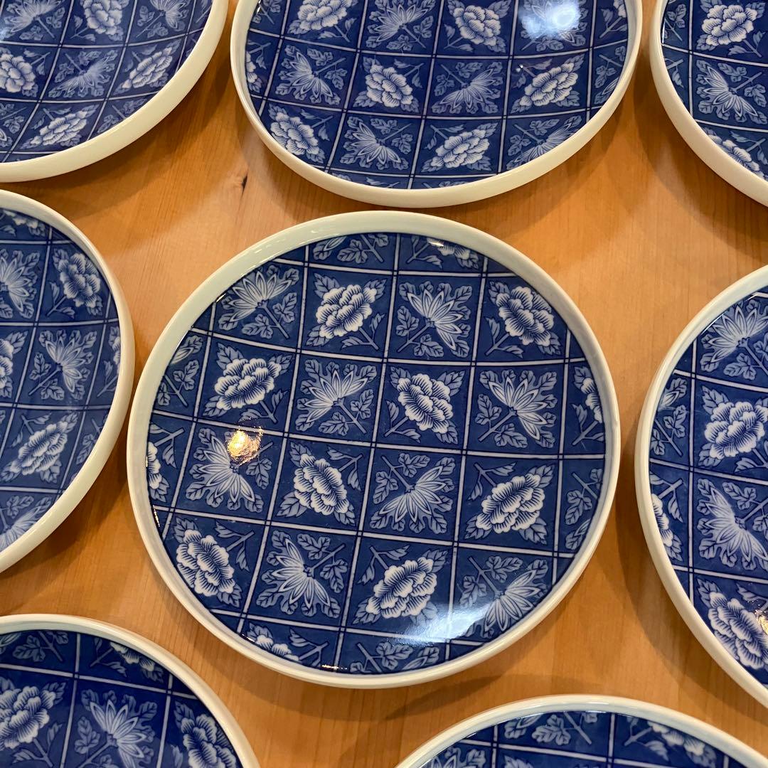 A2G30■オールド香蘭社 染付格子菊牡丹絵 丸皿8枚 取り皿 銘々皿