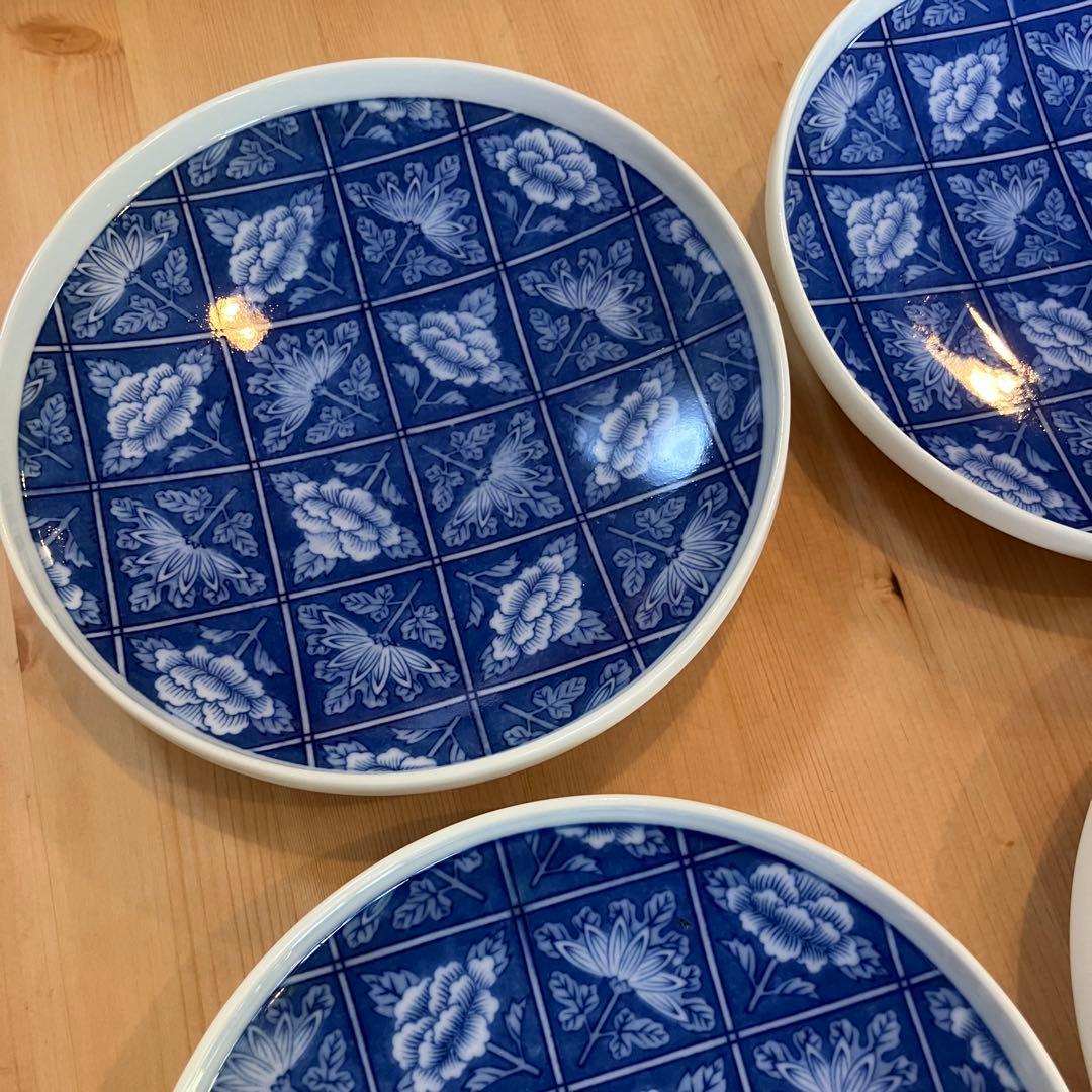 A2G30■オールド香蘭社 染付格子菊牡丹絵 丸皿8枚 取り皿 銘々皿