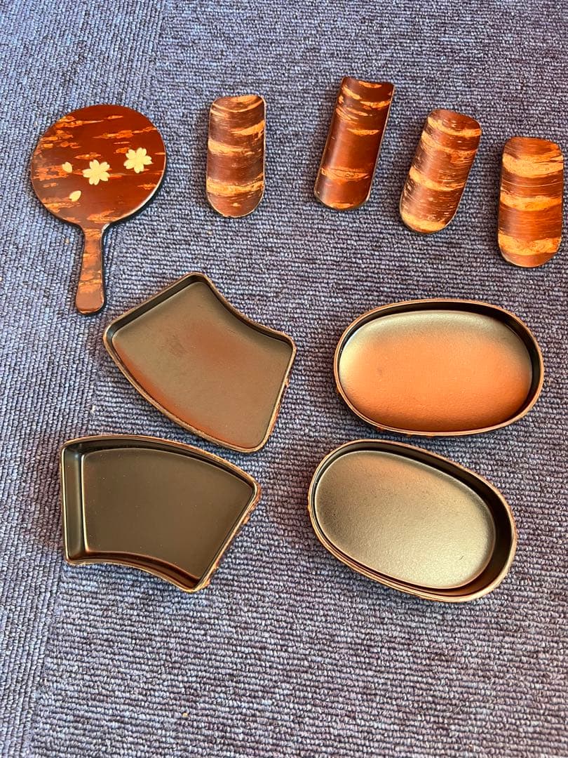 1248 桜皮細工 小物入れ2客 匙付き5客　鏡1 客　木地　未使用