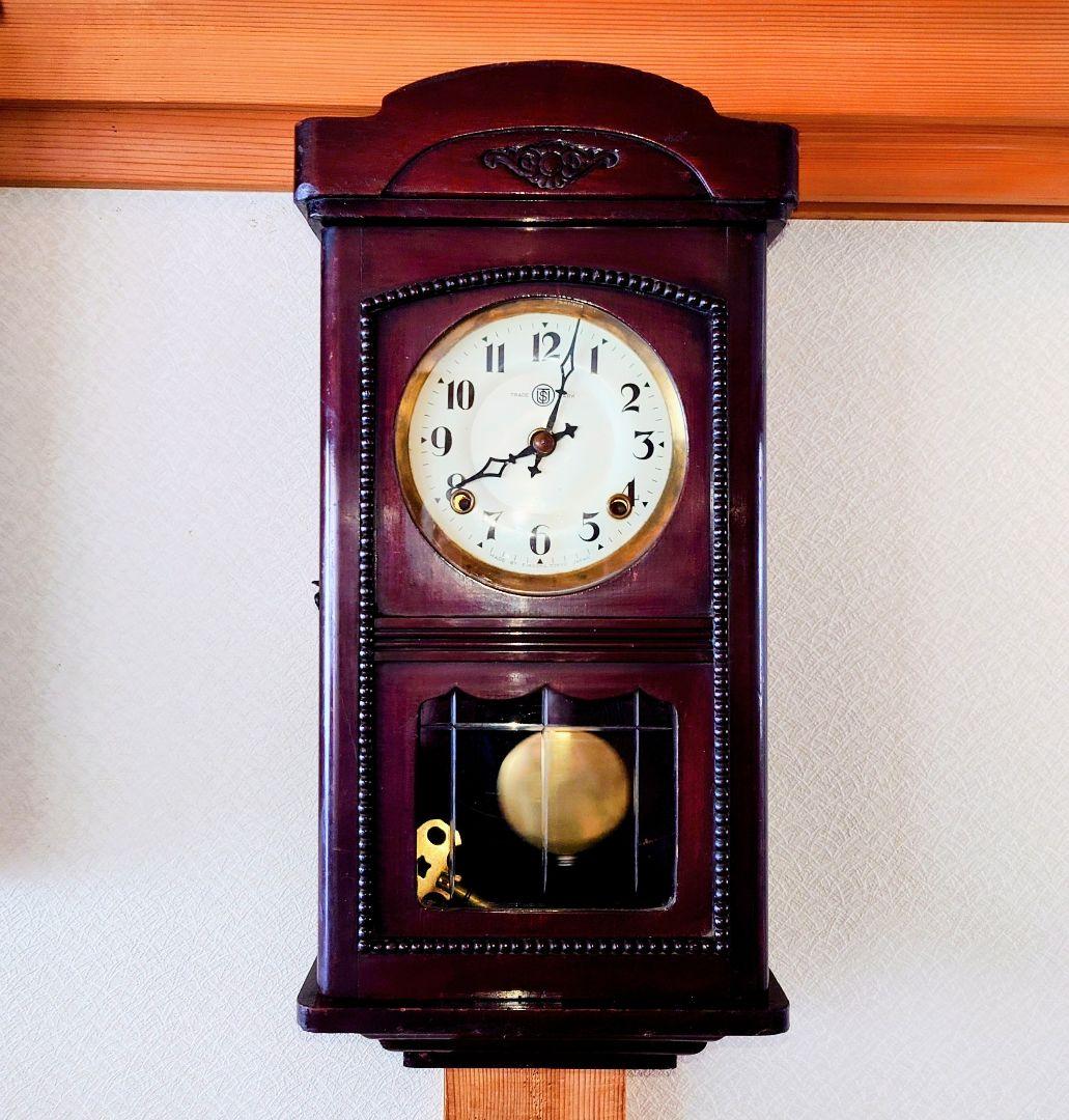 〈完動・美品〉鶴巻時計店英工舎　大正浪漫筋硝子宮型ゼンマイ振り子時計 　古時計