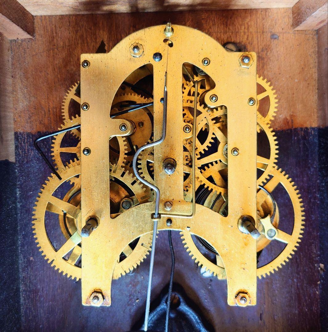 〈完動・美品〉鶴巻時計店英工舎　大正浪漫筋硝子宮型ゼンマイ振り子時計 　古時計