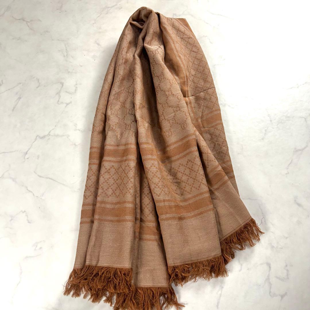 グッチ 大判 ショールストール GG柄 コットン100 フリンジ ピンク 総柄