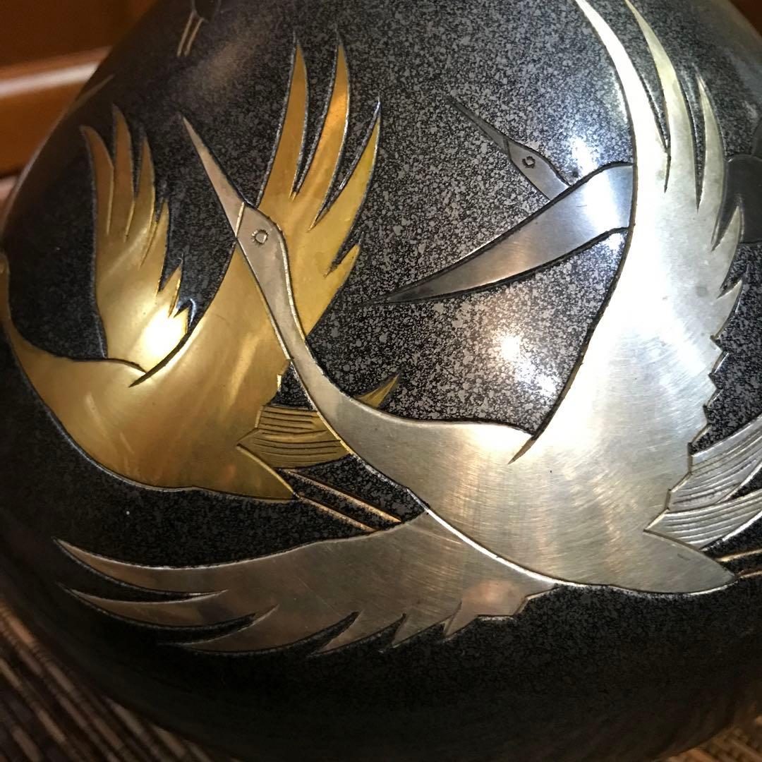 ★ 鶴の彫刻壺　花器　骨董　銅製壺　アンティーク　銅器壺