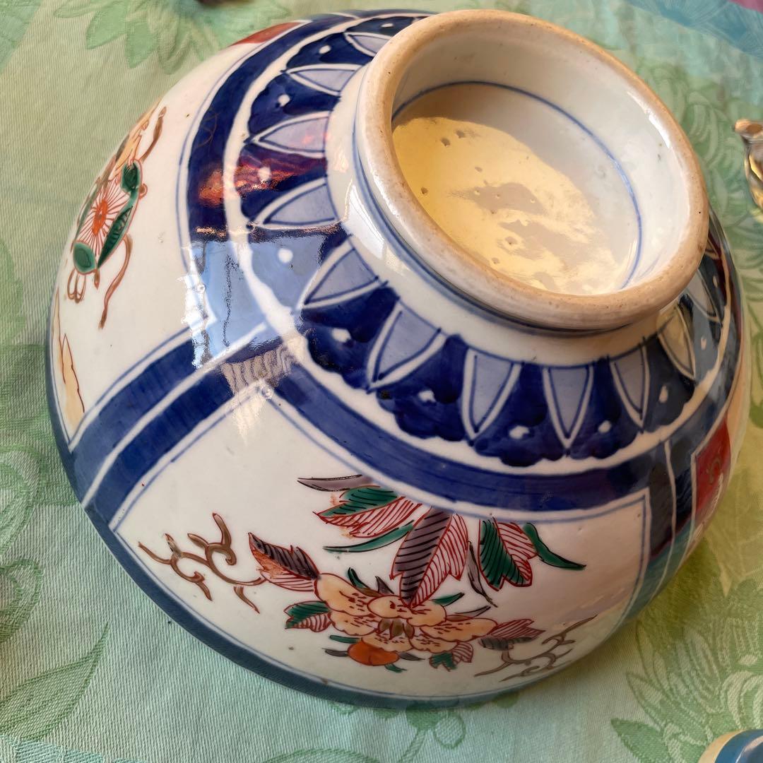 幕末明治　金彩　色絵　染付　獅子　牡丹　深鉢