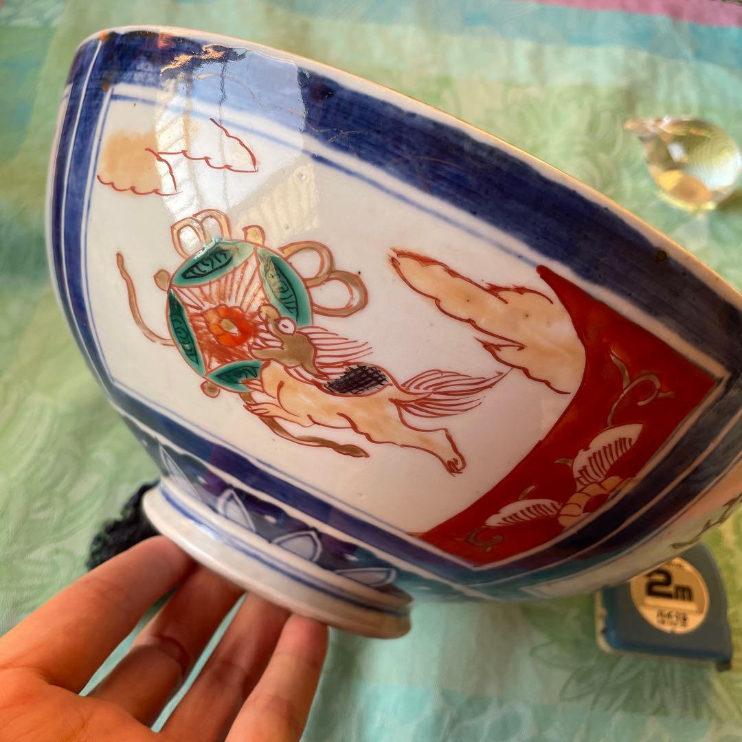 幕末明治　金彩　色絵　染付　獅子　牡丹　深鉢