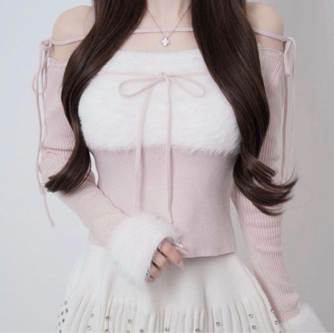 トップス lumignon Ribbon bust fluffy tops pink