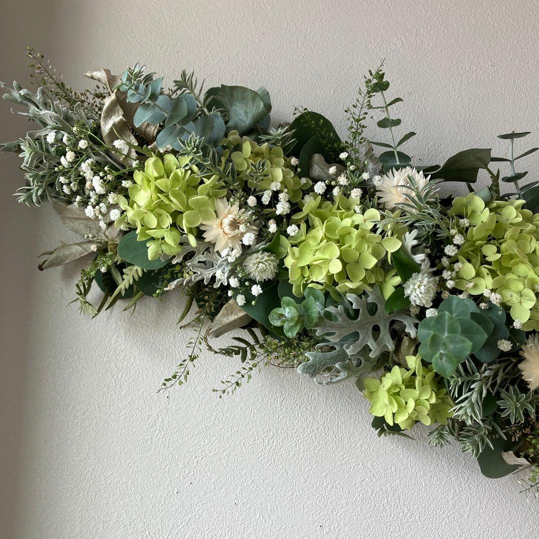 アナベルとユーカリのホワイトグリーンな2Wayガーランド　貝細工　千日紅