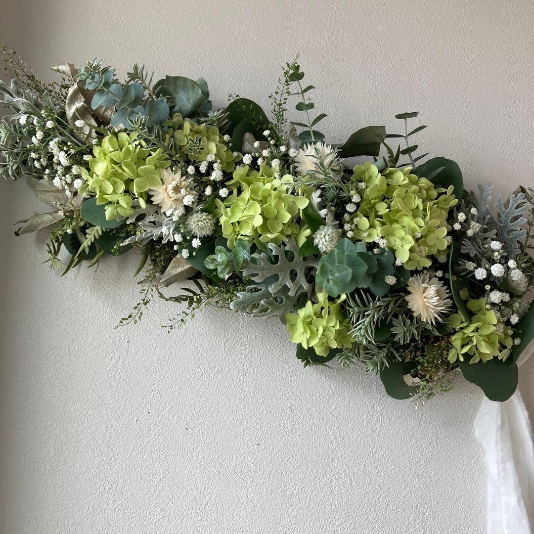 アナベルとユーカリのホワイトグリーンな2Wayガーランド　貝細工　千日紅