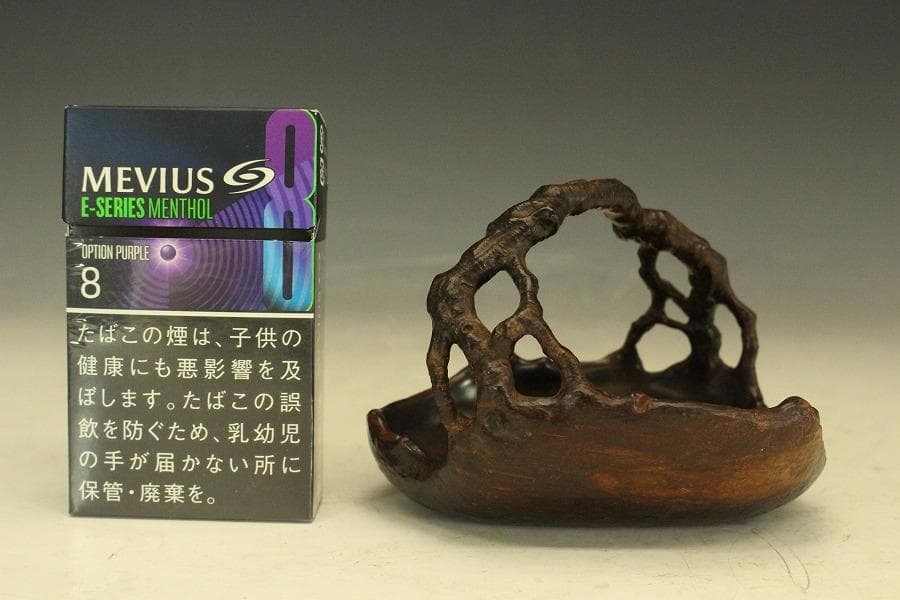 紫檀 刻 手付 皿 文房四宝 卓上飾 高7.8cm(HA490)