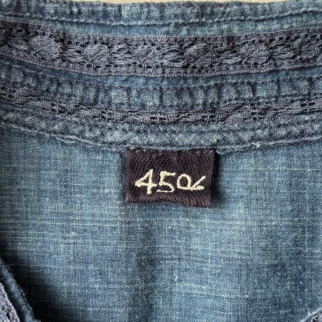 45R インドカディのレース四角ブラウス（藍）　半袖　サイズ2