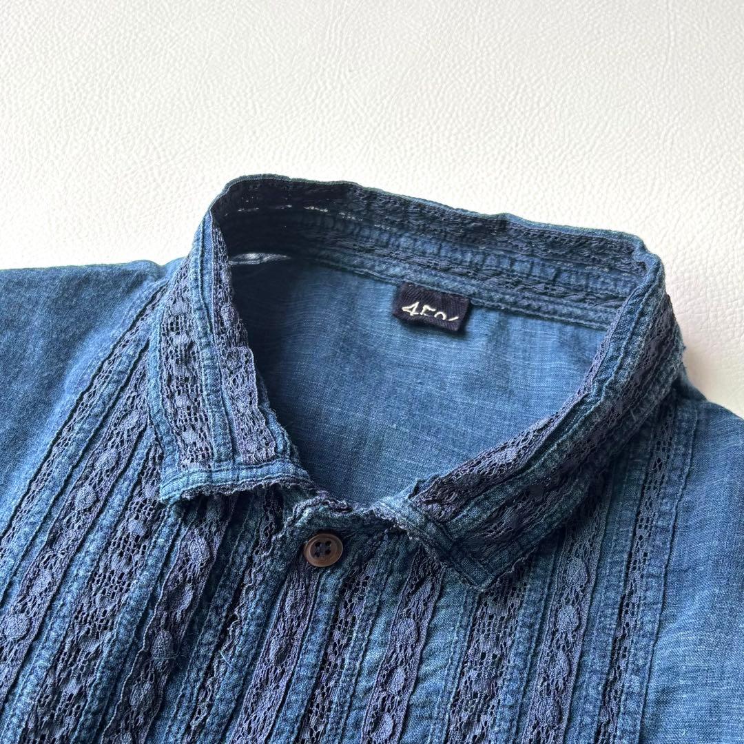 45R インドカディのレース四角ブラウス（藍）　半袖　サイズ2