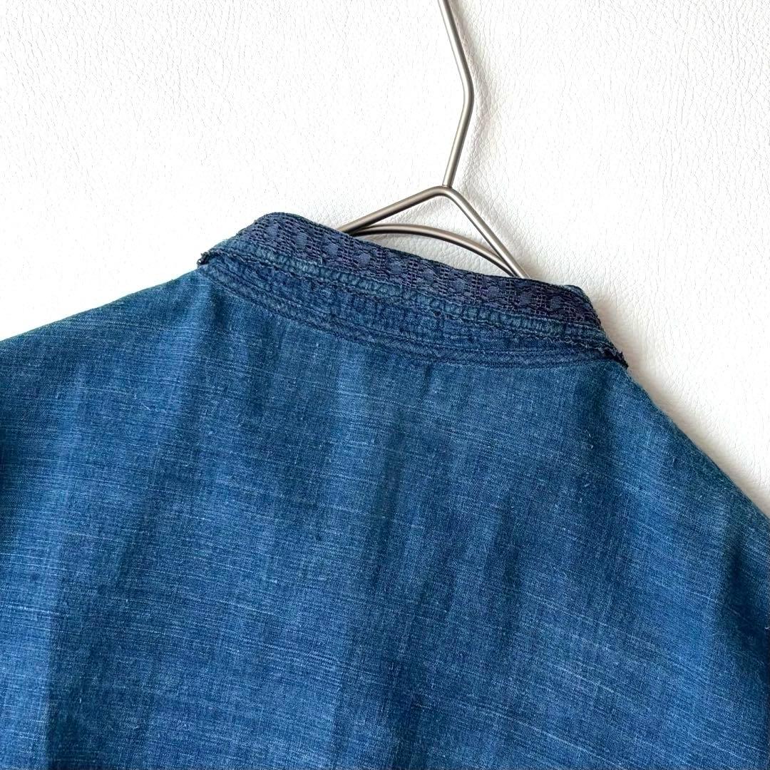 45R インドカディのレース四角ブラウス（藍）　半袖　サイズ2