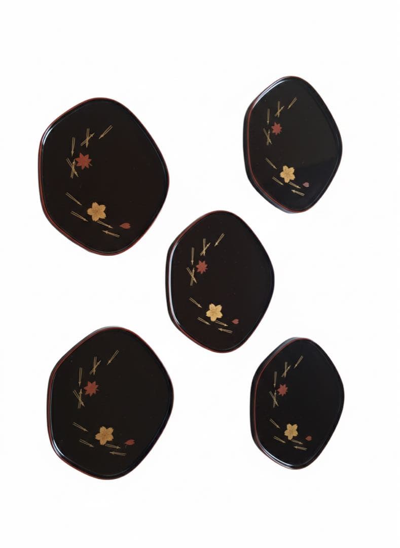 【極美品】輪島塗 銘々皿 5枚セット 春秋蒔絵（桜・紅葉） 天然木・本漆