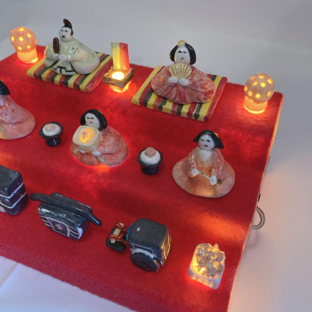 124 陶芸 ひな人形 陶器 三段飾り 雛人形 ひな祭り 手作り ライト付き