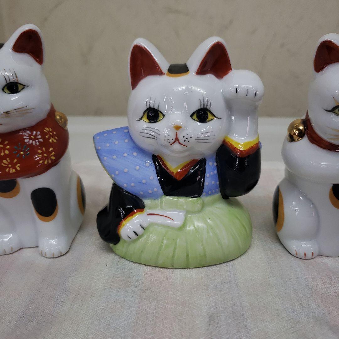 蔵出し　新品招き猫の陶器置物 伝統みけ猫 5体セット　手作り