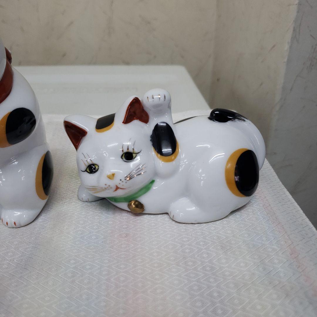 蔵出し　新品招き猫の陶器置物 伝統みけ猫 5体セット　手作り