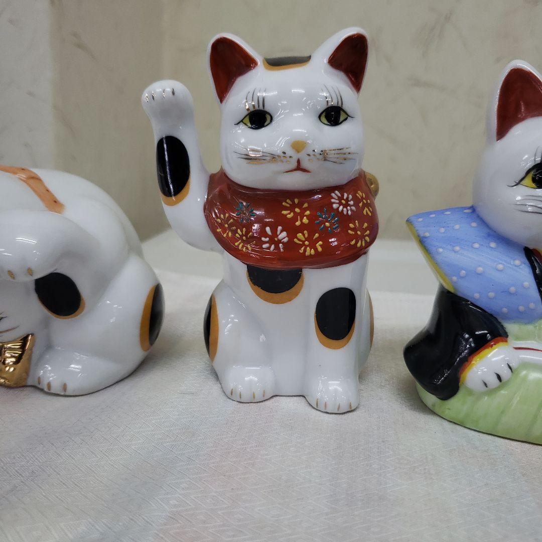 蔵出し　新品招き猫の陶器置物 伝統みけ猫 5体セット　手作り