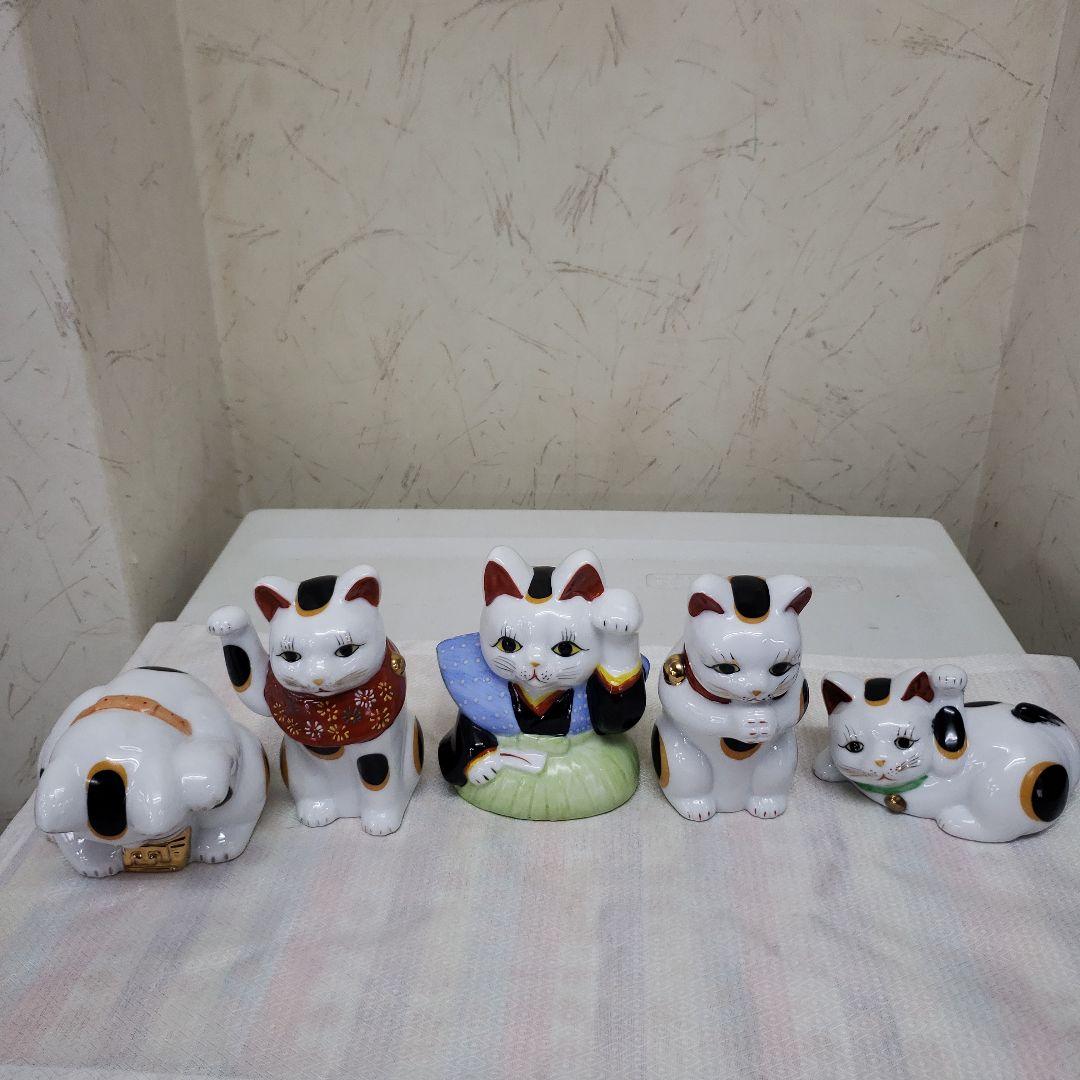 蔵出し　新品招き猫の陶器置物 伝統みけ猫 5体セット　手作り
