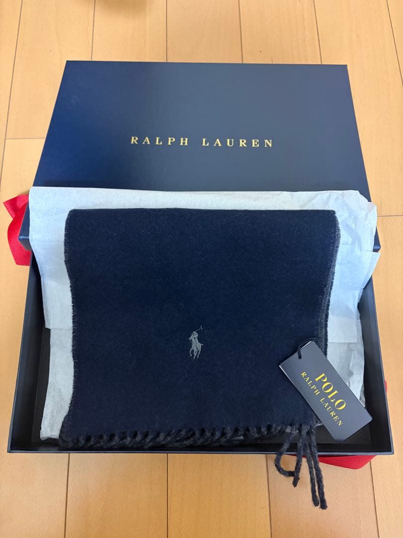 【新品ギフト】ラルフローレン メンズ マフラー 紺×グレー ギフトBOX&紙袋付