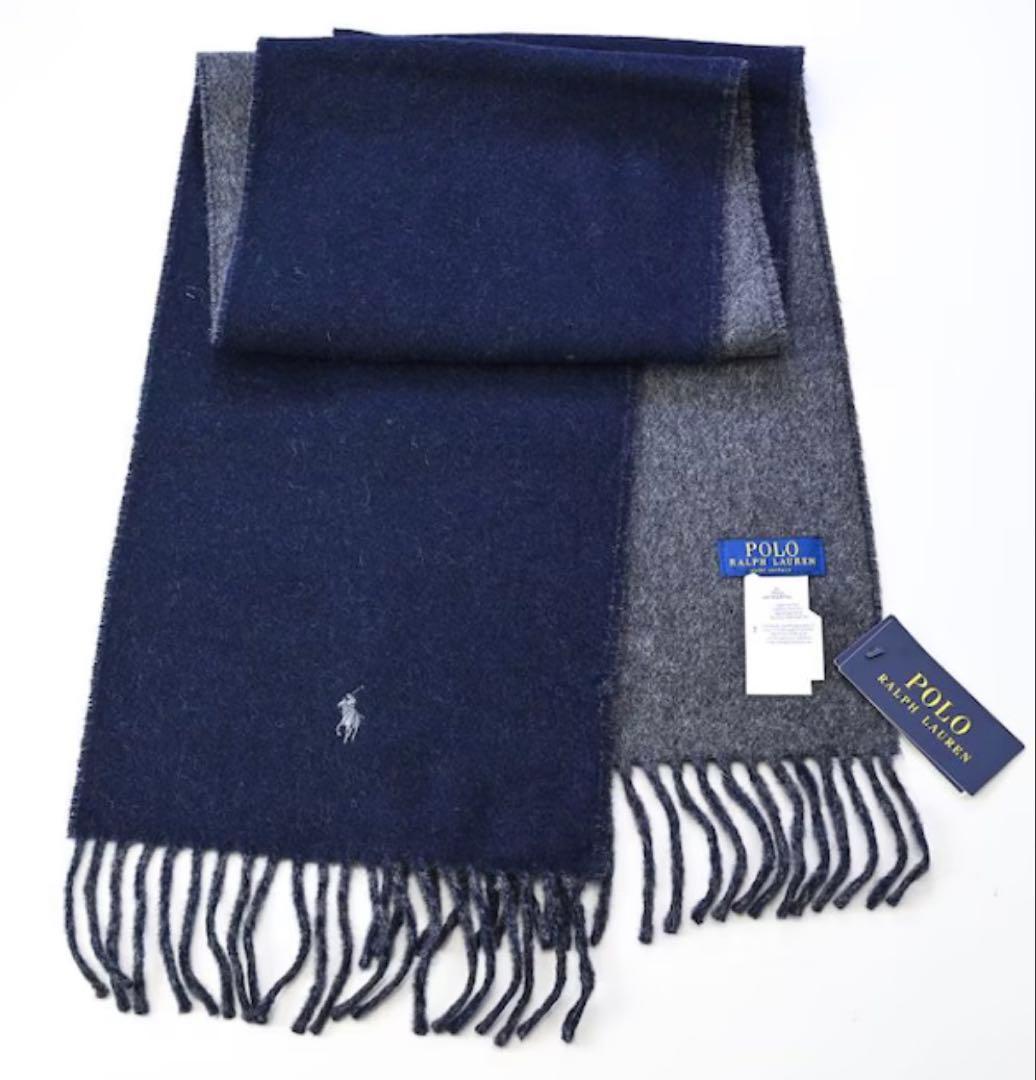 【新品ギフト】ラルフローレン メンズ マフラー 紺×グレー ギフトBOX&紙袋付
