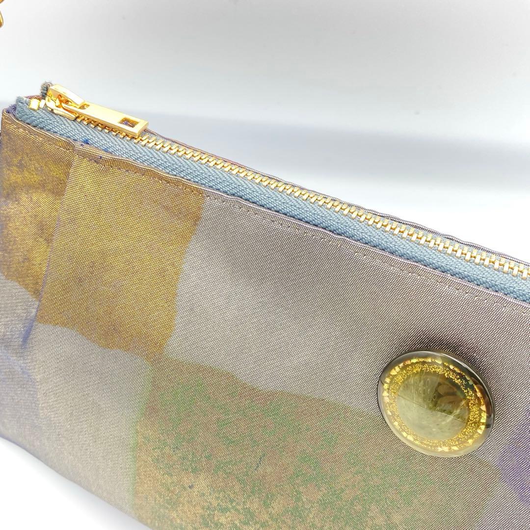 メタリックシルバー　正絹帯リメイクバッグ市松　横長ショルダー&クラッチ2ウェイ