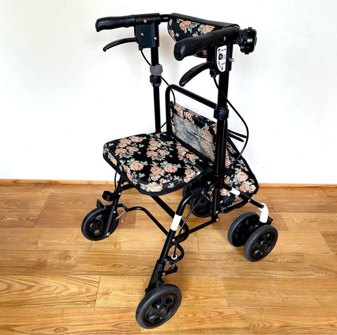 美品 座面付き シルバーカー 折畳式 スカイウォーカーS 島製作所 歩行器 花柄