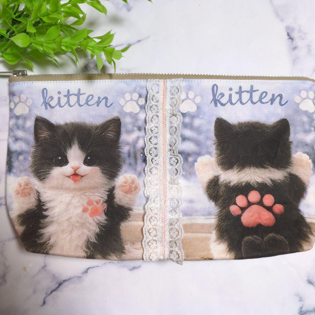 クロム様ご確認用♥フラットポーチ♥レース付き♥片面パネル生地♥可愛い猫ちゃん