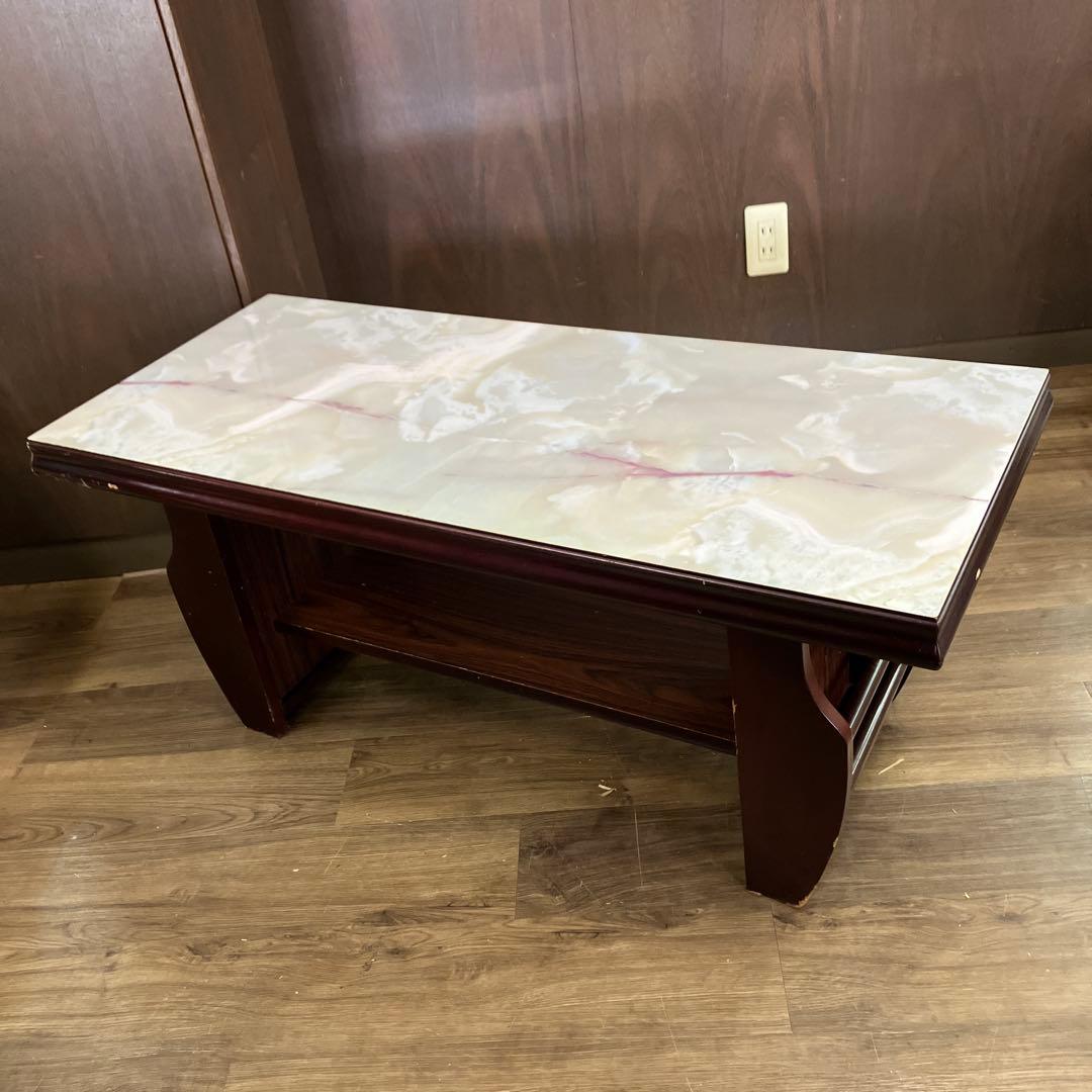 C-4アンティーク センターテーブル 大理石柄天板 マガジンラック付ローテーブル