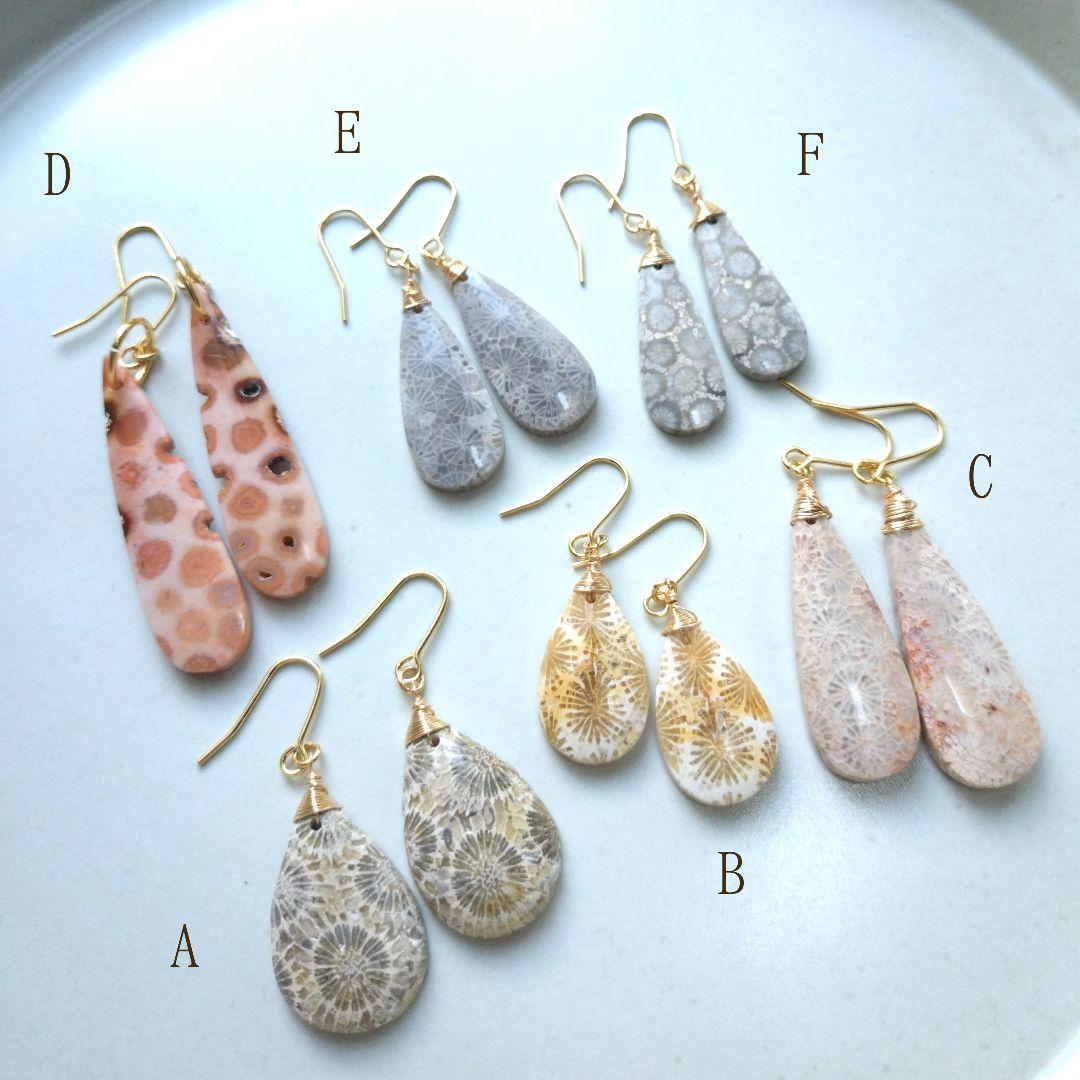 専用【F】珊瑚の化石 フォッシルコーラルのペアシェイプピアス
