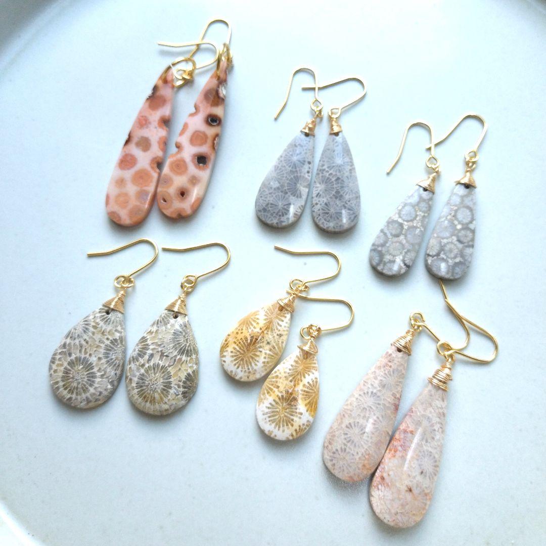 専用【F】珊瑚の化石 フォッシルコーラルのペアシェイプピアス