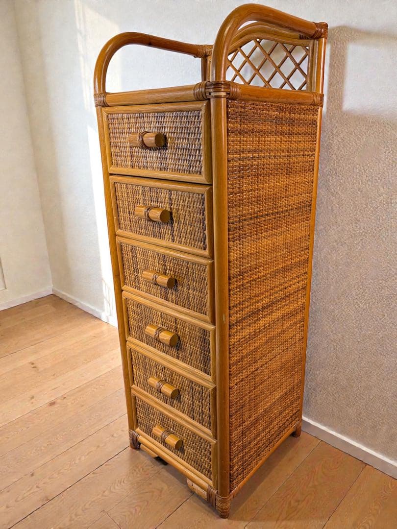 昭和レトロ ラタン 籐 6段チェスト 背が高い 縦長タンス スリム アジアン家具