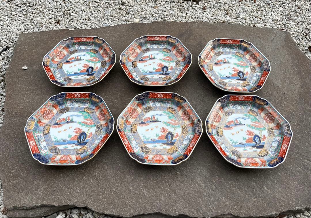 幸楽窯 金彩錦色絵山水　六角　6枚組　有田焼 古伊万里 吉祥　お正月