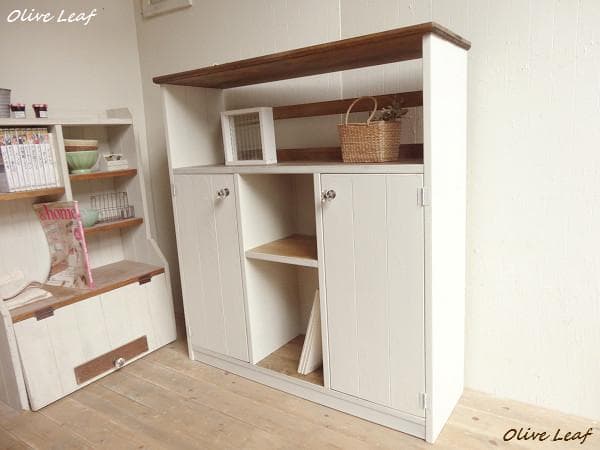 サイズオーダー可能！２枚大扉キャビネット●シャビーホワイト天然木無垢材●受注製作