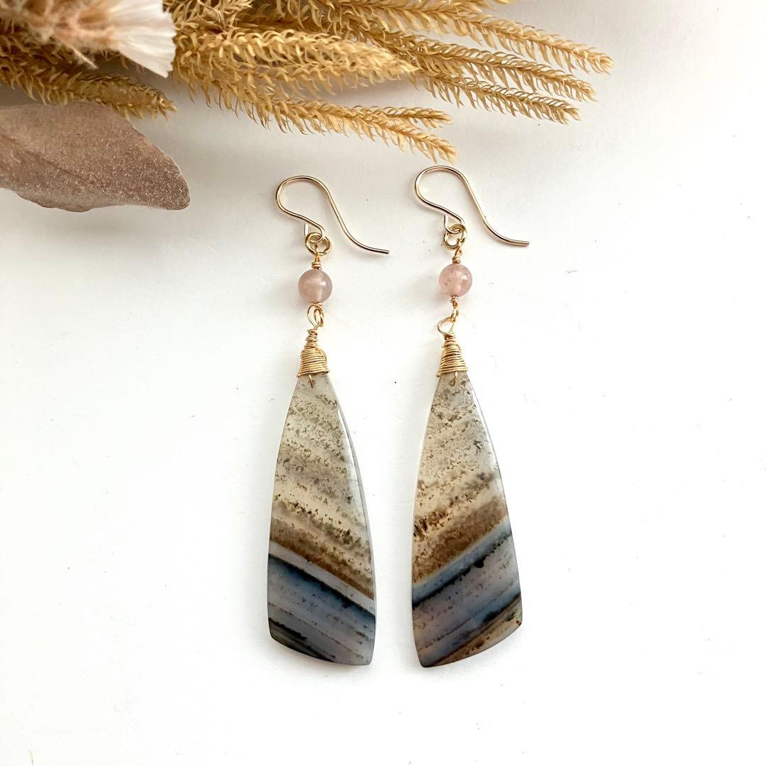 14kgf 天然石 一点物 モンタナアゲート 大ぶり ピアス イヤリング