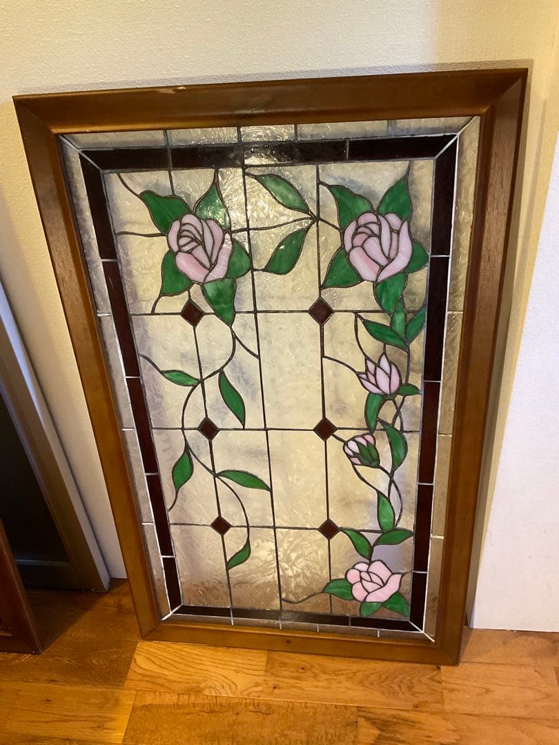 額装 ステンドグラス　薔薇 バラ　窓　アンティーク　ヴィンテージ　大正 浪漫