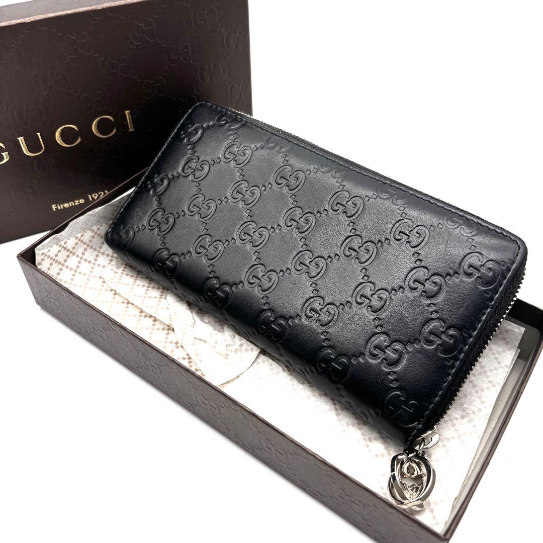 美品 グッチ 長財布 シマレザー GG ラウンドジップ ユニセックス ブラック